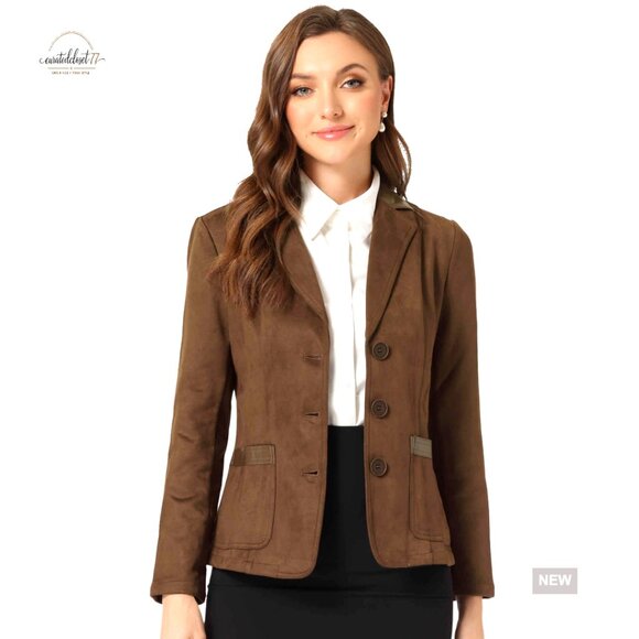 Jackets & Blazers - Faux Suede Blazer Lapel Collar Button Front Long Sleeve Jacket